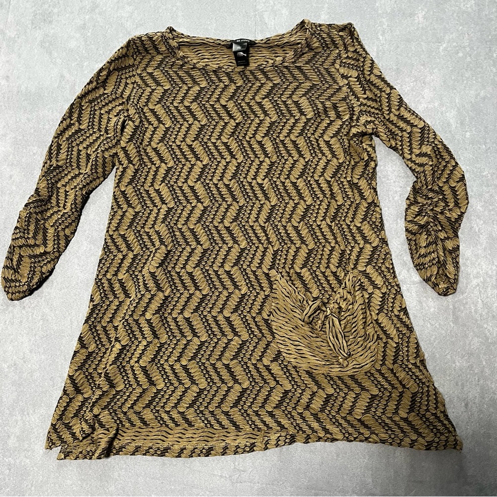 Ali Miles Tunic Olive Green Textured Dress Ruched Long  Sleeve Large Pocket